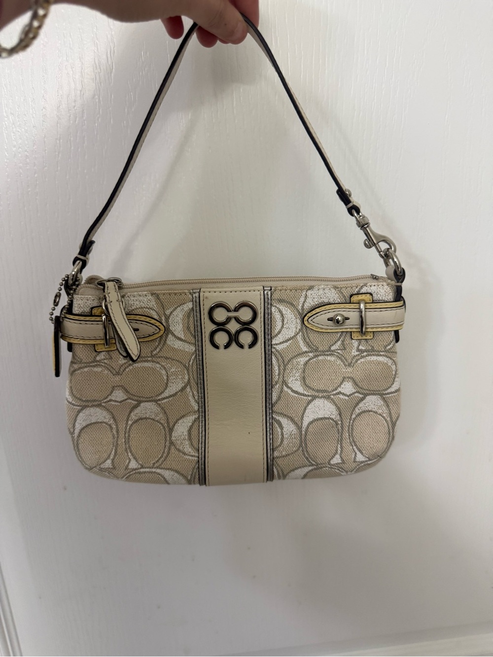 Vintage Y2K Coach Beige Signature Canvas Shoulder Bag with Leather Stripe